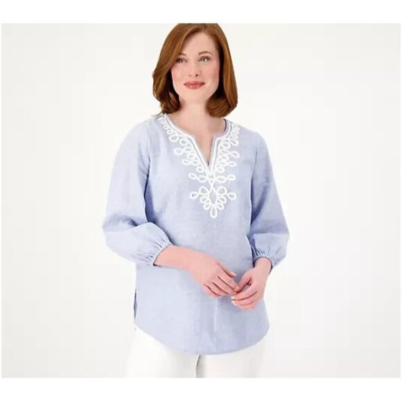 Susan Graver Pure Cross Dyed Regular Linen Blend Tunic Blue Glass 2XS A574050 - Picture 1 of 4